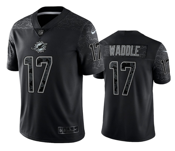 Men's Black Miami Dolphins #17 Jaylen Waddle Reflective Limited Stitched Football Jersey
